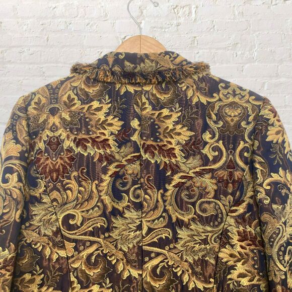 ICE Tapestry Brocade Jacket Size 12 Fringe Gold Navy Baroque Jeweled Buttons - Picture 6 of 16
